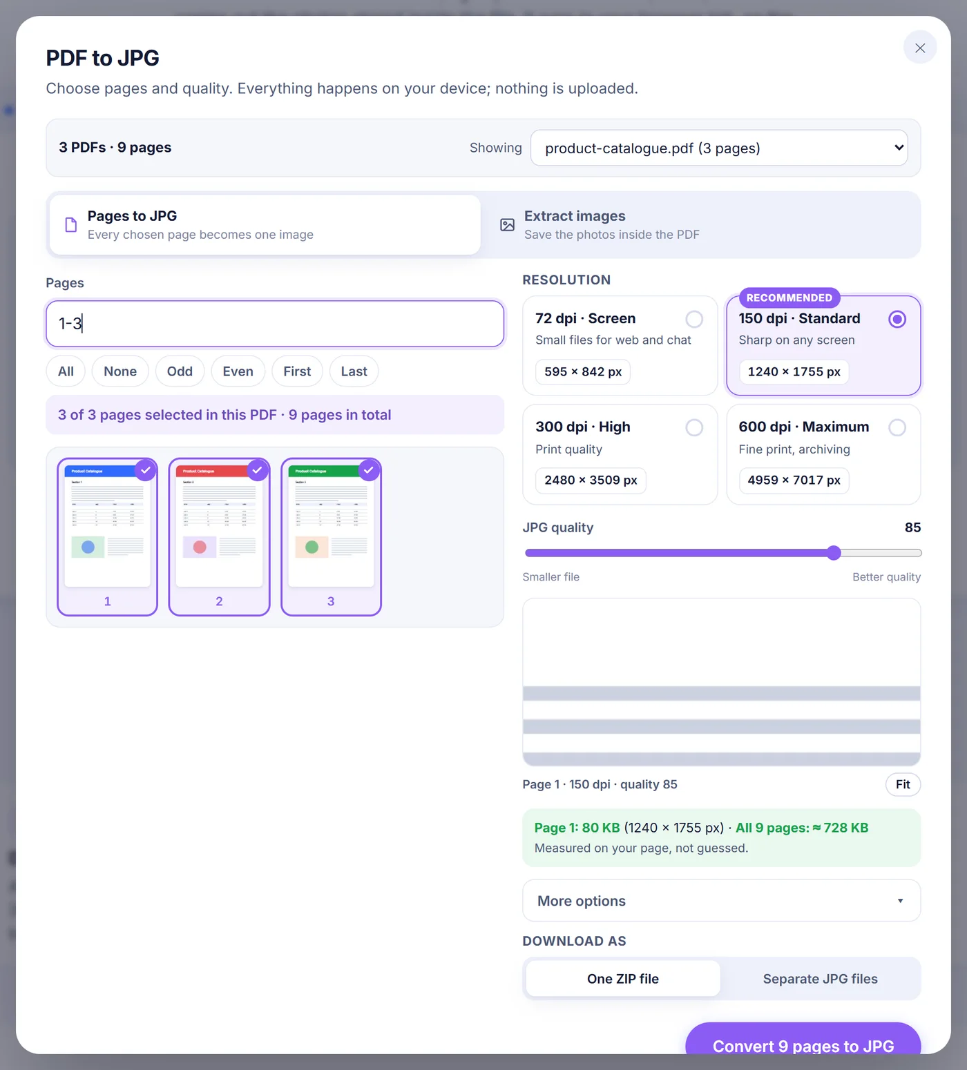 Options window for 3 PDFs and 9 pages: Pages to JPG mode, pages 1-3 typed in the Pages box, 150 dpi Standard resolution and quality 85